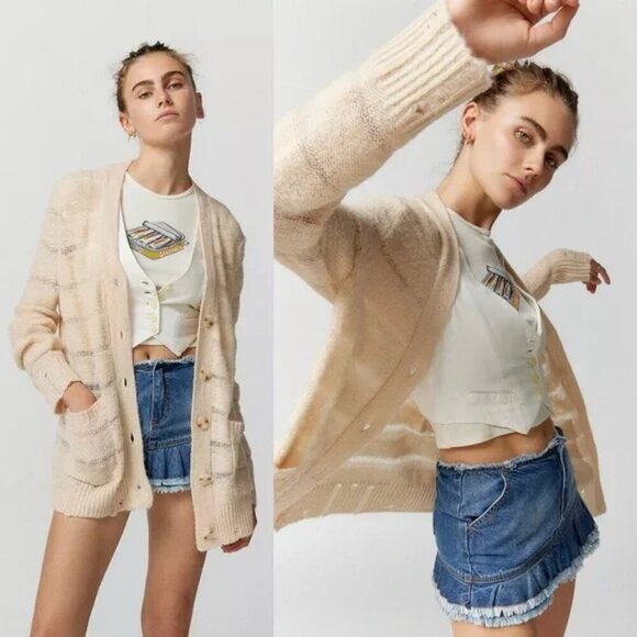 UO Urban Outfitters Alston Laddered Knit Cardigan Cream Size Small - Picture 1 of 8